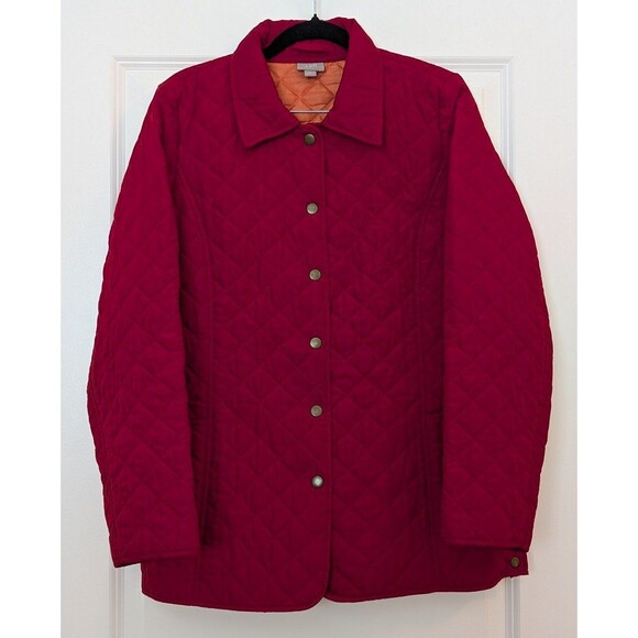 J. Jill Women's Size Medium Red Orange Quilted Puffer Snap Closure Coat Jacket - Picture 2 of 9